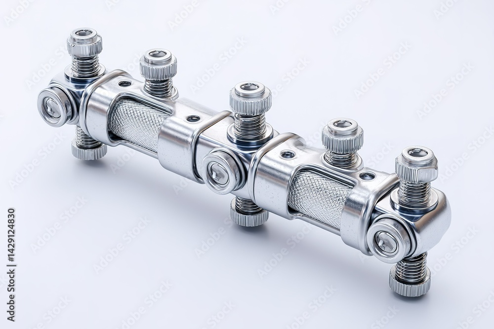 Poster metal coupling component displayed on a white background, showcasing intricate design and fasteners 