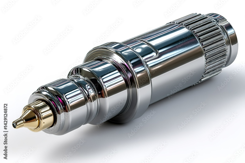Aufkleber detail of a shiny metal pen with a golden tip resting on a white background highlighting its sleek d