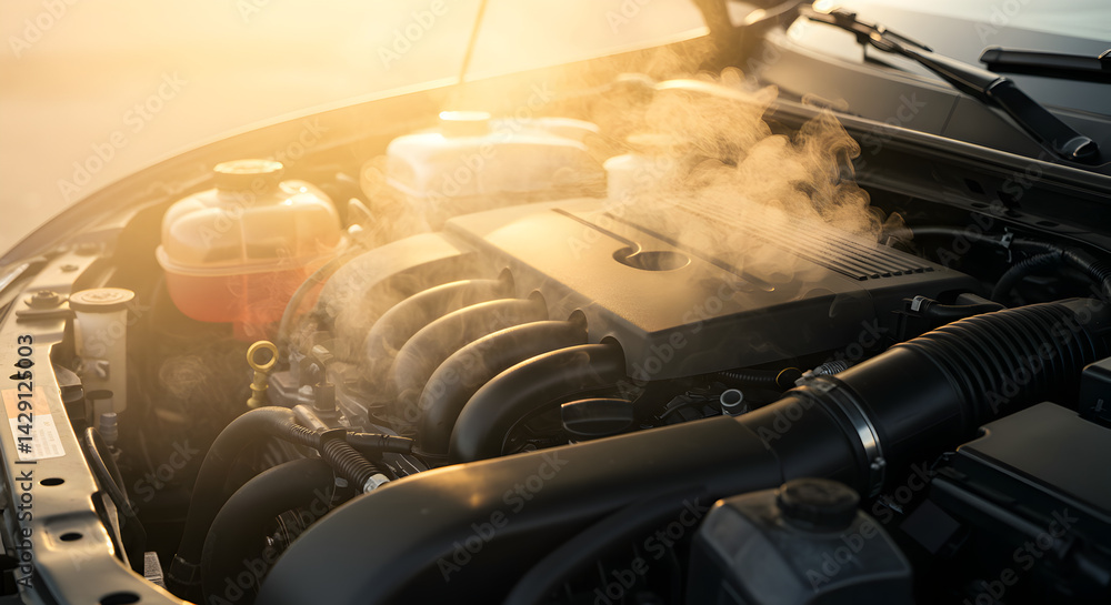 Poster steaming car engine with visible mechanical components and golden light showing overheating issue