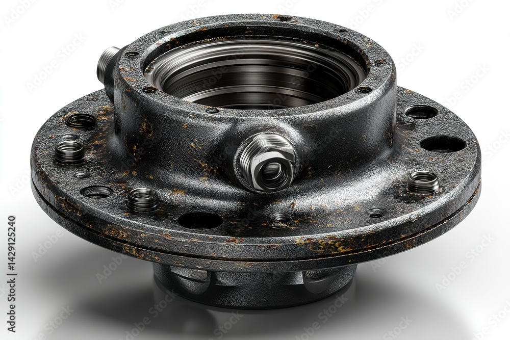 Poster close-up view of a well-worn mechanical component displaying corrosion and wear in a workshop settin
