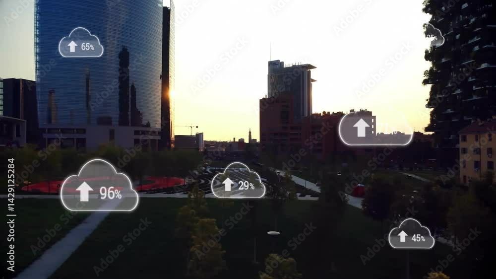 Poster digital cloud uploading being visualized over curved amphitheater in sunset urban park in 3d render