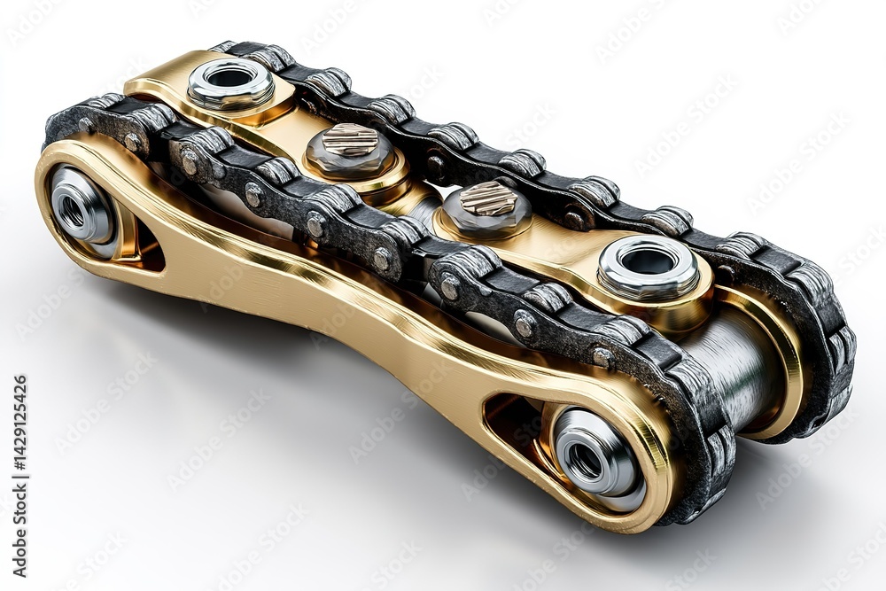 Poster detailed view of a gold bike chain link showcasing precision engineering and craftsmanship in a stud