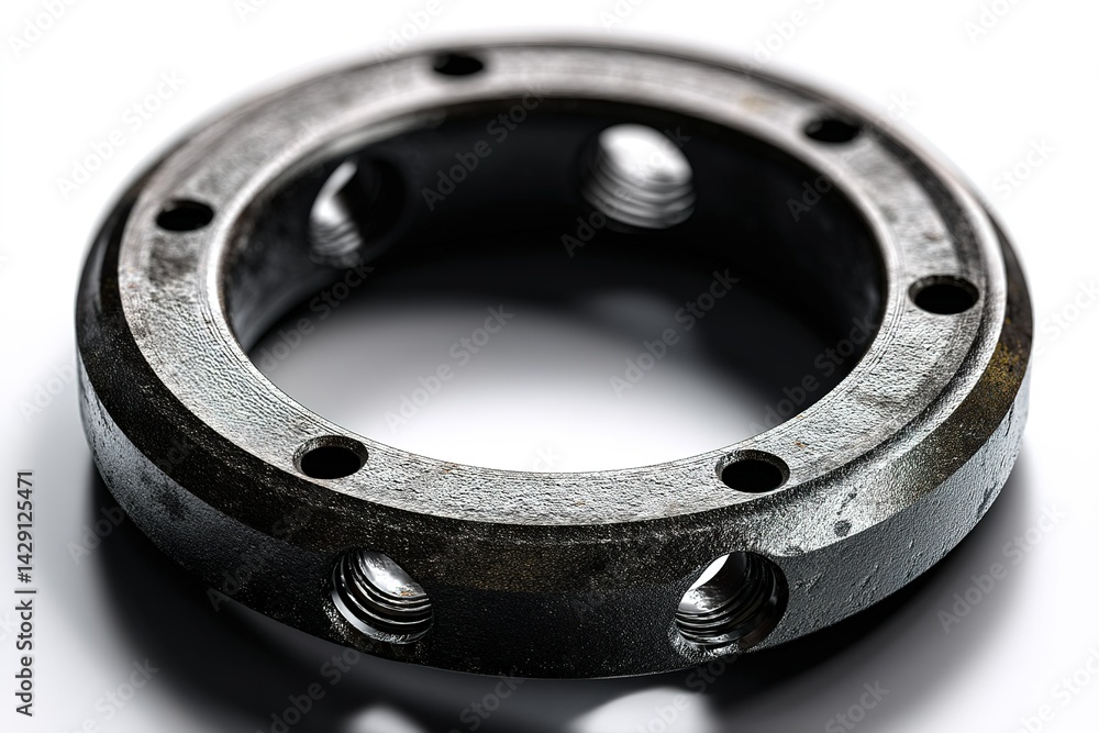 Poster detailed close-up of a metallic hardware component with visible threading and circular design on a s