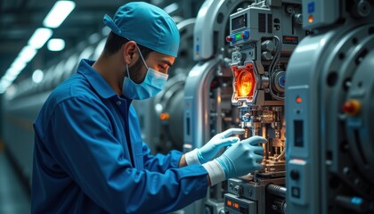 Engineer working on complex equipment with gloves