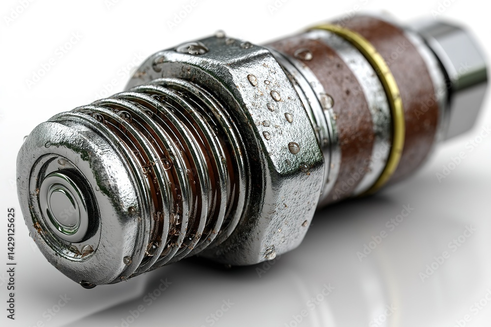Poster detailed close-up of a shiny metal automotive component with droplets, showcasing texture and engine