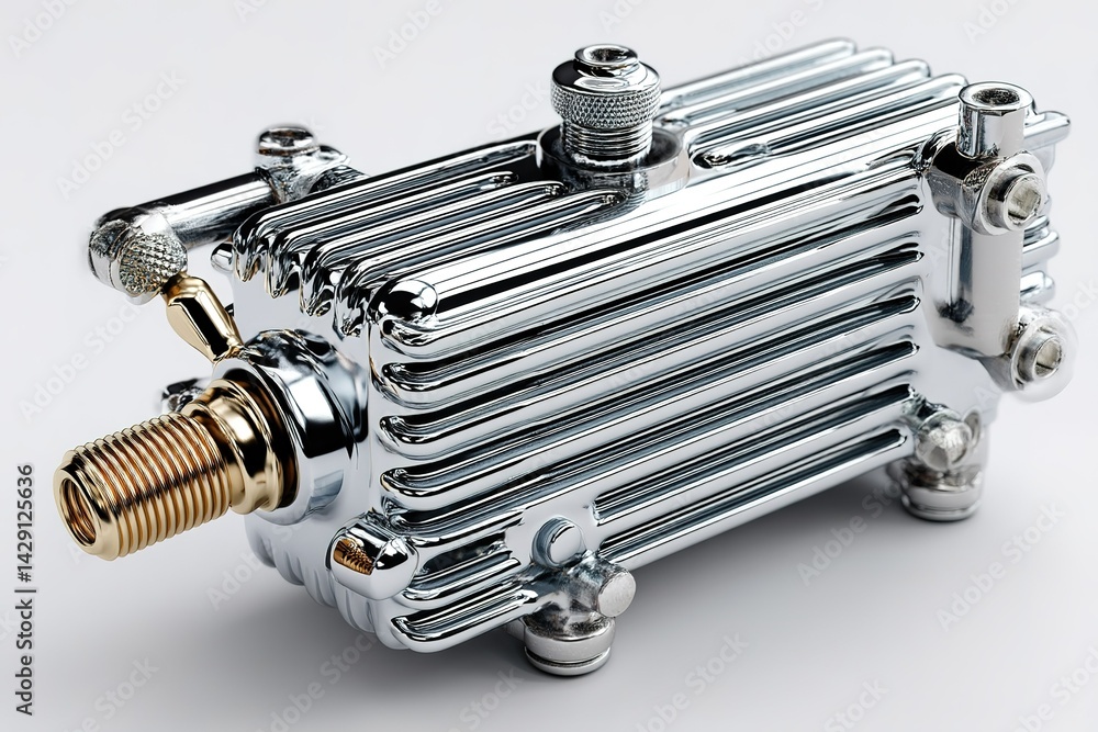 Poster detailed close-up view of a shiny chrome automotive part showcasing intricate features and polished 