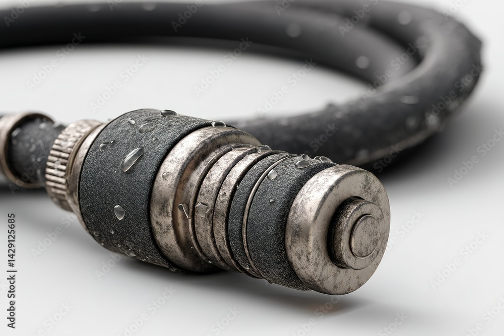 Aufkleber close-up view of a wet industrial hose connector with droplets in a workshop setting