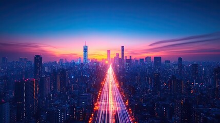 smart city digital transformation development concept band lights over modern urban cityscape at night new fast internet communication 5g technology fiber optics