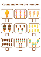 Counting activity for children &ldquo;How many?&rdquo; Learn numbers with sweet ice cream A fun educational sheet for early math practice A fun counting game for preschoolers and kindergarteners