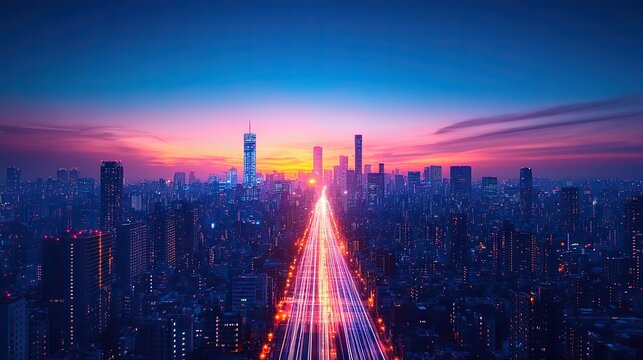smart city digital transformation development concept band lights over modern urban cityscape at night new fast internet communication 5g technology fiber optics