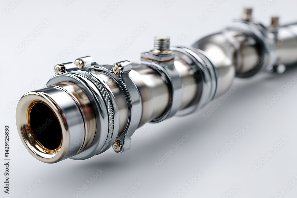 Poster close-up view of a metallic piping system showcasing detailed craftsmanship and engineering precisio