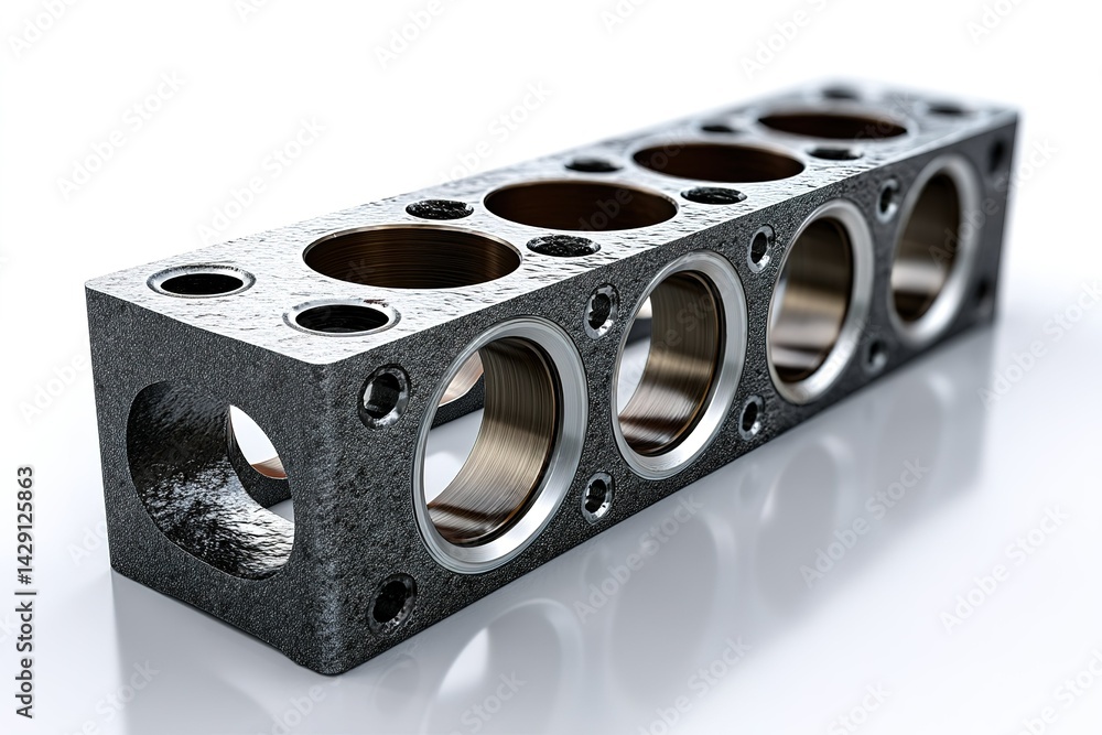 Poster engine block component displayed on a reflective surface showing precise engineering and craftsmansh
