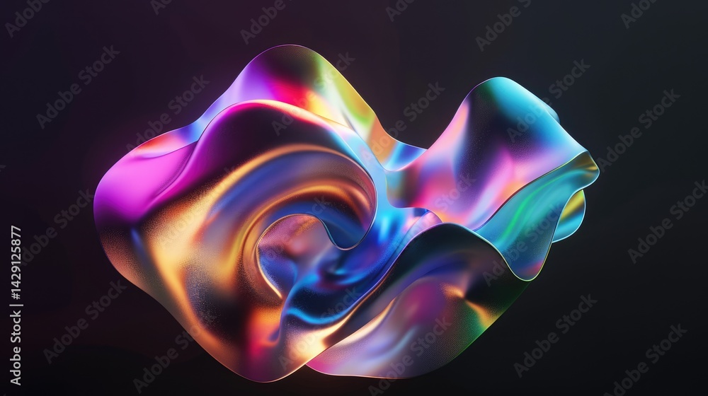 Poster the close up abstract picture of the gradient iridescent shape with the blank black background, irid