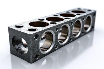 Engine block component displayed on a reflective surface showing precise engineering and craftsmanship