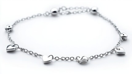 Delicate charm anklet in silver with minimalist icons, isolated on white background