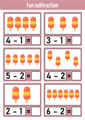 Fun subtraction practice for kids Learning math with cute ice cream illustrations Educational worksheet for preschoolers and kindergarteners Engaging activity for early childhood education 