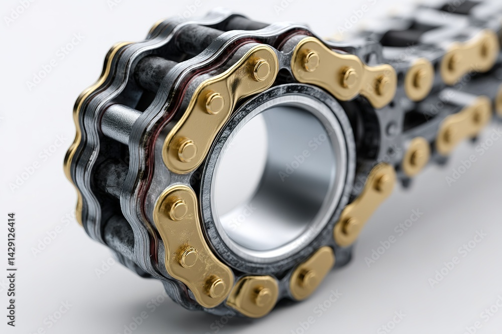 Poster detailed close-up of a metallic bicycle chain showing intricate design and craftsmanship in vibrant 