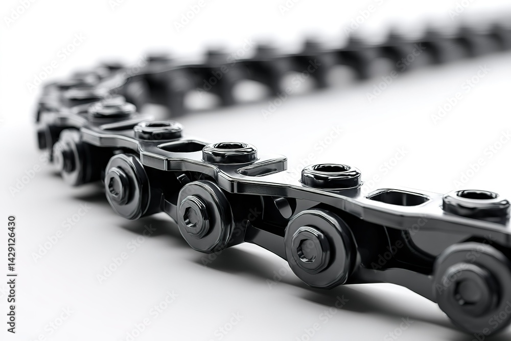 Poster close-up of a black bicycle chain illustrating its intricate design and functionality in a minimalis