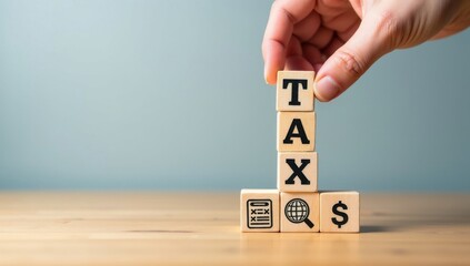 Hand putting tax icon in the wooden cube for income tax return and submit tax for payment tax documents online to the government