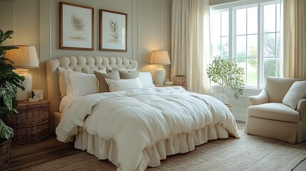 Fototapeta premium Serene bedroom retreat featuring a comfortable bed, soft textiles, natural light, and calming botanical artwork creating a peaceful atmosphere.