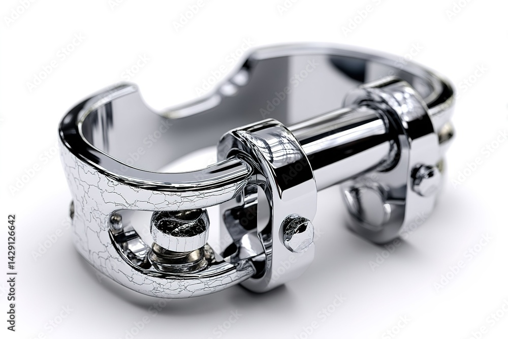 Poster shiny chrome buckle with intricate design displayed on a neutral background under soft lighting