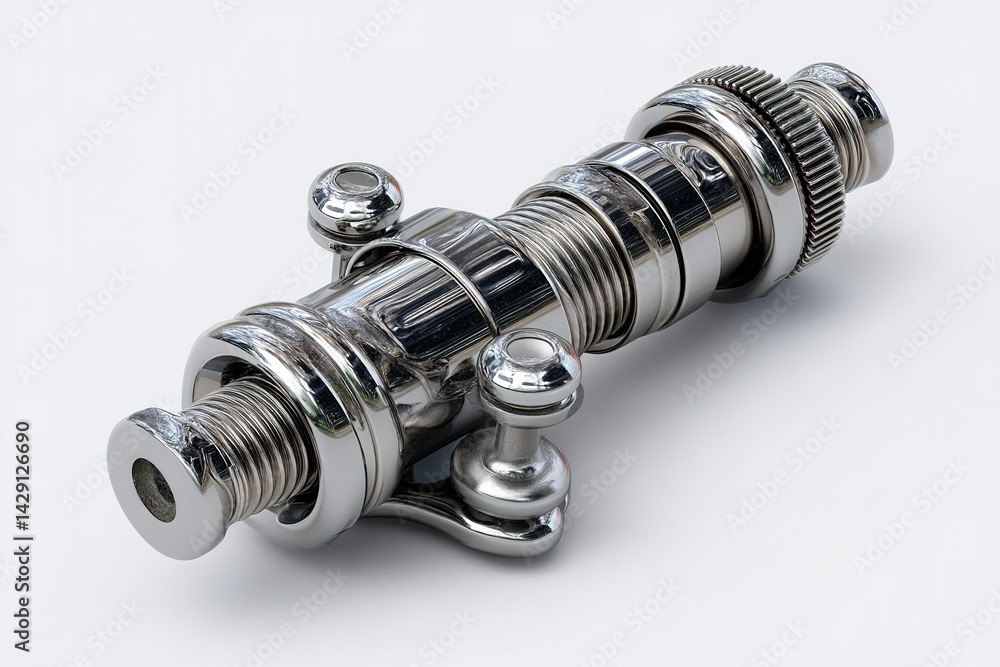 Poster detailed view of a chrome-plated mechanical component for automotive applications positioned on a ne