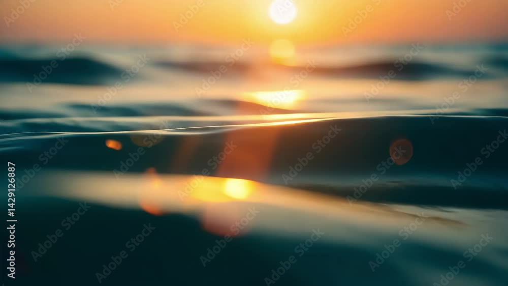Poster serene ocean waves at sunset with soft sunlight reflection creating a calm and tranquil atmosphere i