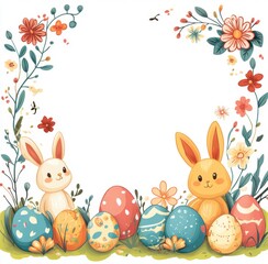Obraz premium Celebrate Easter with a colorful frame of baby bunnies, flowers, and decorated eggs in charming doodle art style
