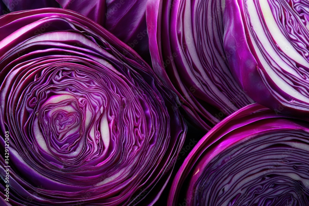Fototapete Close-up View of Vibrant Sliced Red Cabbage Displaying Intricate Concentric Lines and Patterns in a Fresh Kitchen Setting