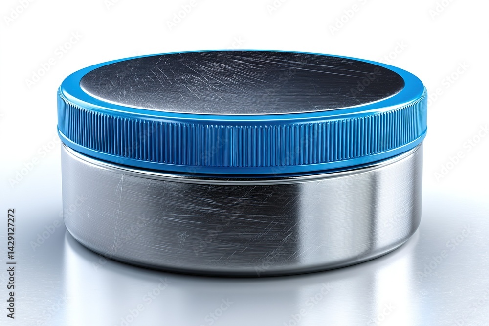 Poster metal container with a blue lid resting on a reflective surface in a well-lit environment showcasing
