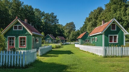 Obraz premium Green houses in village with wooden fence in a grass clearing. Rural scenery