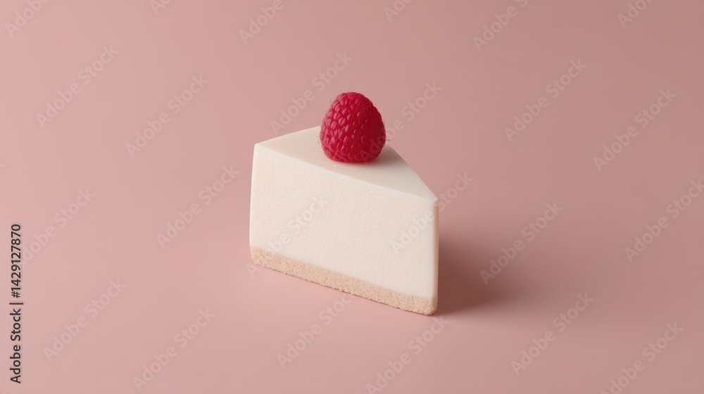 Poster elegant cheesecake slice adorned with single fresh raspberry sits on smooth solid color background