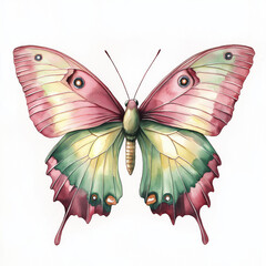 watercolor illustration featuring a butterfly surrounded by flowers.