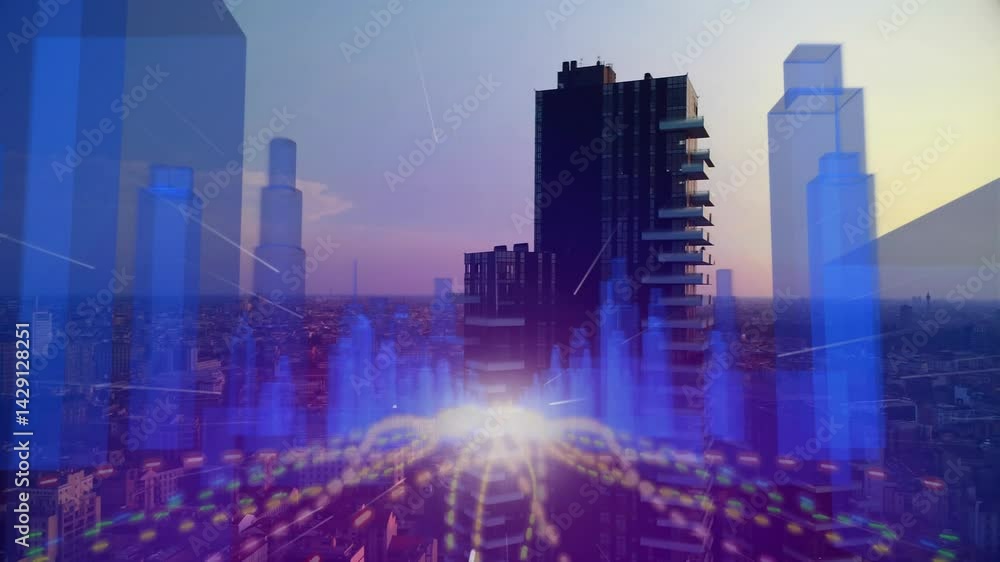 Poster dark high-rise building being animated in 3d render, showing floating blue data bars and nodes