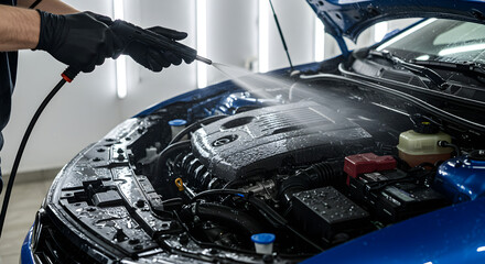 Person Cleaning a Blue Car Engine Bay with High Pressure Washer for Automotive Detailing Service