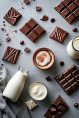 Chocolate bars with hot chocolate and milk on a gray surface tasty food design