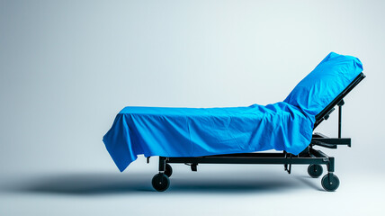 blue medical bed with wheels and blue sheet, positioned at angle, creates calm and clinical atmosphere, ideal for healthcare settings