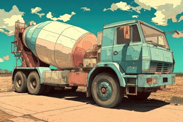 Obraz premium Vintage Cement Mixer Truck Against Blue Sky with Clouds