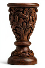 This beautifully crafted wooden pedestal features intricate carvings and rich brown finish, perfect for displaying antique chalice or decorative item. Its elegant design adds touch