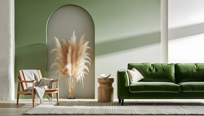 Interior of a living room with a green sofa, a wooden chair with a blanket , a vase with pampas grass and a green arch in the background 