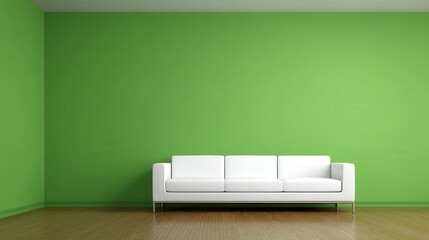 Modern sofa against green wall in minimalist space, embodying simplicity and calm elegance.