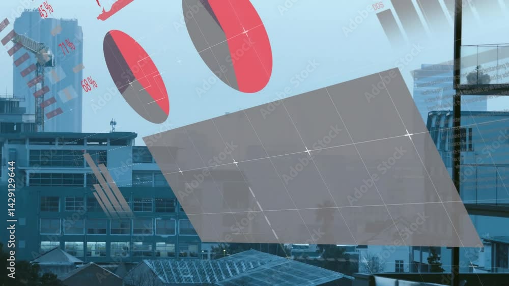 Poster digital data visualization floating over urban skyline, displaying red pie charts and bar columns