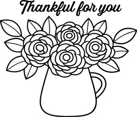 Roses Bouquet with Thankful for You Line Art on Transparent Background