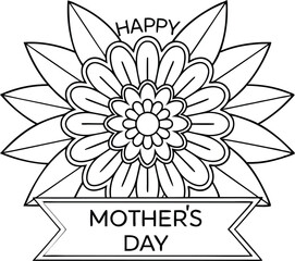 Happy Mothers Day Flower Outline with Banner on White Background