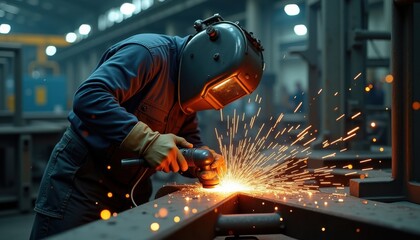 Welder using angle grinder on metal part