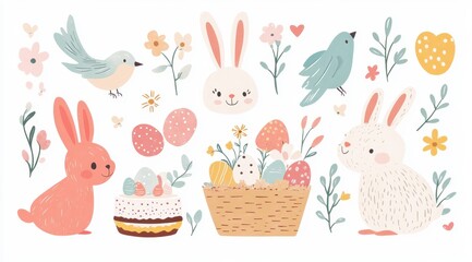 Fototapeta premium Cute bunnies celebrate Easter with cakes, baskets, and cheerful birds in a delightful vector design