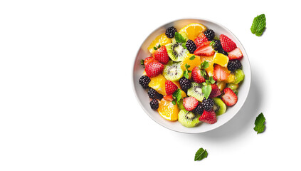 Fresh fruit salad with mixed berries, kiwi slices, melon chunks, mint garnish, healthy food, vibrant colors, juicy, isolated PNG, transparent background