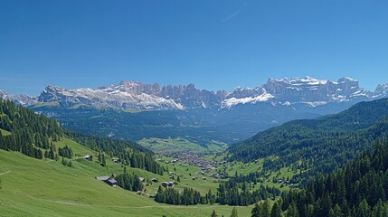Fototapeta premium Mountain valley with huts and forests on a bright day. Tourism, trekking use