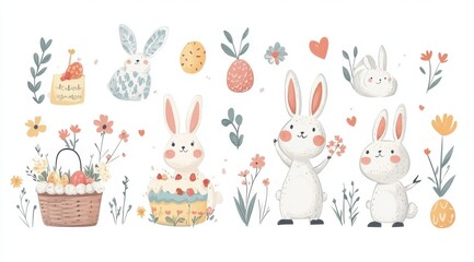 Cute cartoon bunnies celebrating Easter with cake, flowers, and a basket in pastel colors for joyful spring festivities