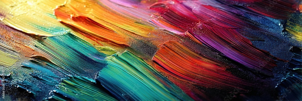 Poster close-up view of vivid acrylic brush strokes on canvas showcasing a spectrum of colors and textures
